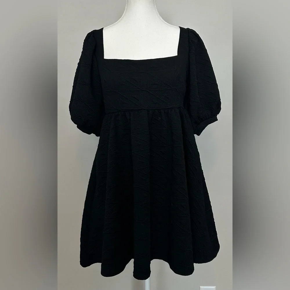 Free People Violet Mini Dress Black Textured Puff Sleeve‎ Babydoll Open Back Bow